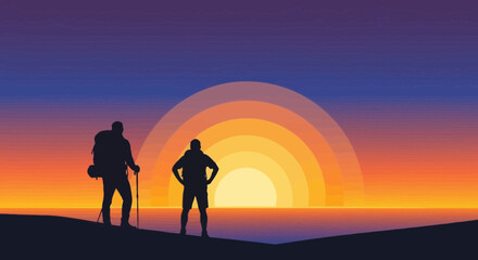 Fototapeta premium Silhouette Of Hikers Enjoying The Sunset View In Nature Landscape Graphic