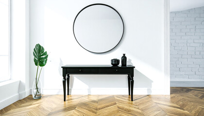 Large round wall mirror above black console table in bright space