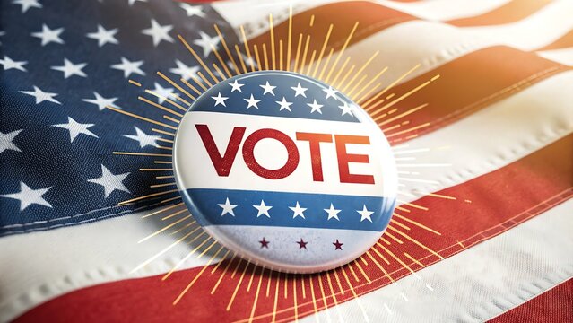 Patriotic oval button with vote text prominently displayed on a blurred american flag background