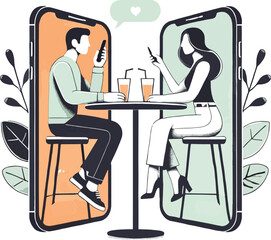 Virtual Date Smartphones Couple Drinks Table Modern Illustration
