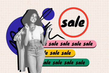 Artwork 3d sketch image trendy collage of happy girl hold hanger clothes point sale promo low price...