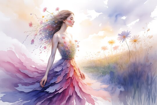 Dreamy woman in floral gown walks through a field of flowers under a watercolor sky - Powered by Adobe