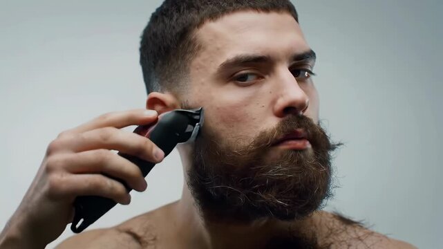Man trims beard and mustache with electric clipper for a fresh grooming look