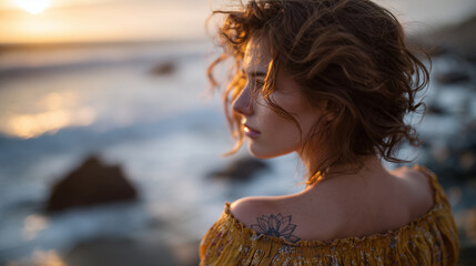 Woman with flowing hair on shore, delicate shoulder lotus tattoo catching light, soft ocean waves and distant horizon, serene beach meditation scene
