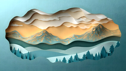 Layered paper cut illustration of mountains and forest landscape