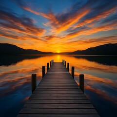 Fototapeta premium Serene Sunset over Lake with Wooden Pier