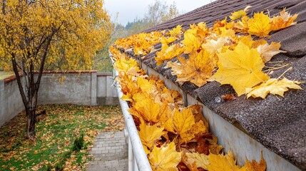 Autumn yellow leaves covering roof and gutter of house near tree and concrete wall in peaceful garden