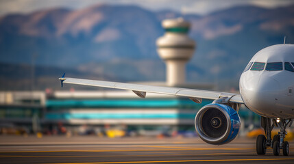 Fototapeta premium Close-up of commercial aircraft engines as plane taxis along yellow line, runway markings clear, soft sunlight, control tower and crew blurred in background, focus on aviation oper