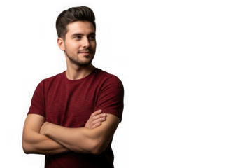 Young man with arms crossed looking away confidently