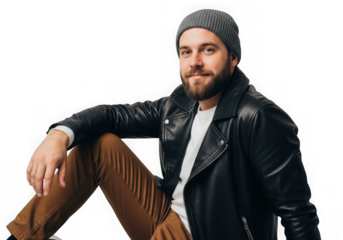 Man in leather jacket and beanie posed against black background