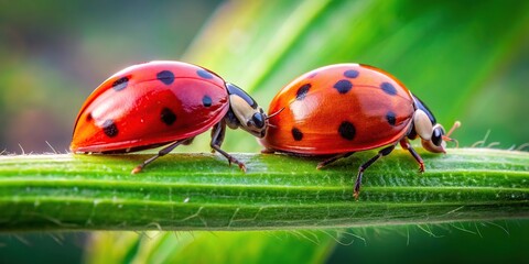 Fototapeta premium Two ladybugs together on a green stem in nature
