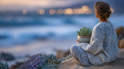 Woman gazes at horizon while holding urn with plant, sand and gentle waves under soft light, peaceful tribute, capturing grief and healing through nature