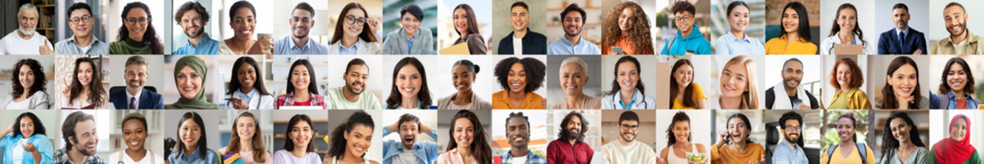 Fototapeta premium A vibrant collection of diverse individuals from different backgrounds, all displaying joyful expressions. This collage captures their unique lifestyles and the beauty of diversity.