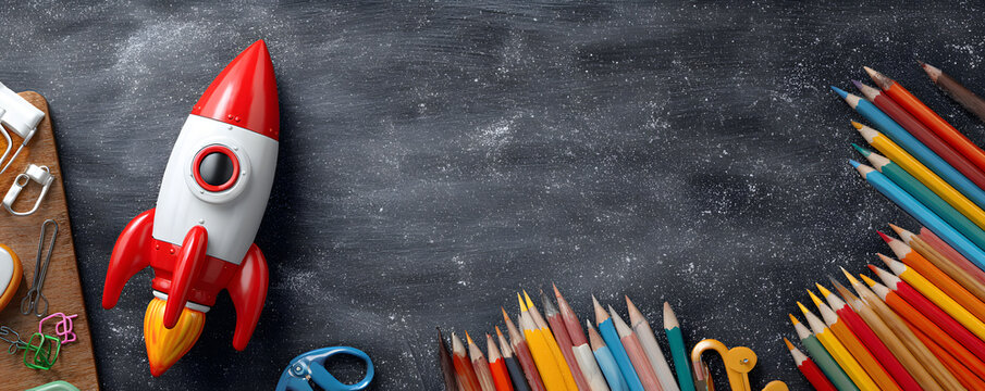 Back to school theme with a rocket with school supples - Powered by Adobe
