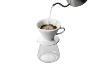 Pristine matte white ceramic V60 dripper on a clear glass carafe with hot steaming water pouring, isolated on a seamless transparent background. Concept of coffee precision