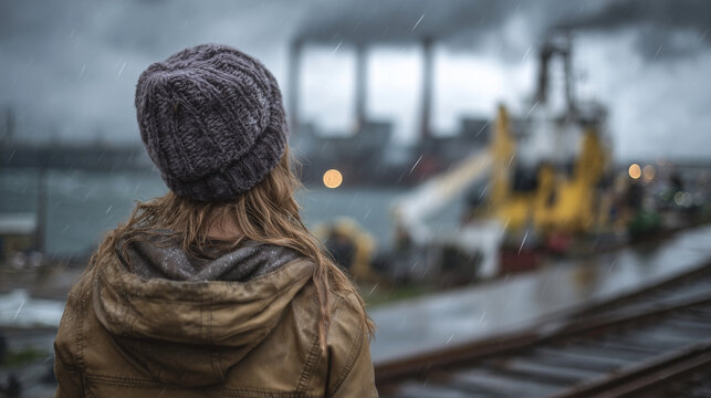 Backview of solitary woman in brown jacket observing machinery and smoke stacks, cloudy sky overhead, wet industrial floor and rails leading into distance, dramatic moody tone - Powered by Adobe