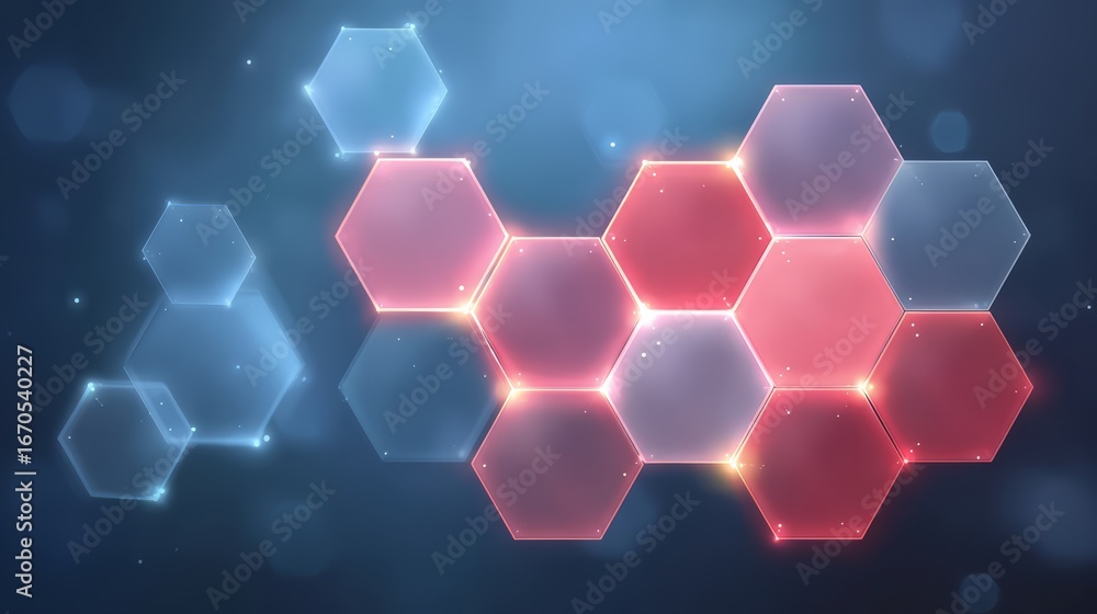 Poster colorful hexagonal pattern with a blue background. the pattern is made up of red and blue squares