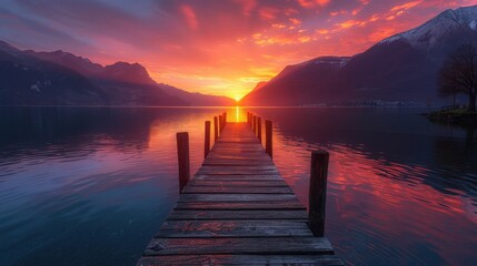 Obraz premium Alpine_mountain_lake_at_sunset_fiery_orange_