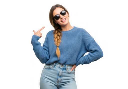 Young woman with sunglasses and braided hair makes a gesture