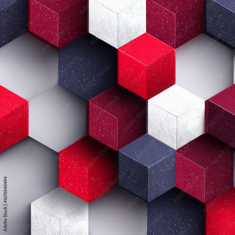 Poster colorful pattern of red, white, and blue cubes. the cubes are arranged in a way that creates a sense