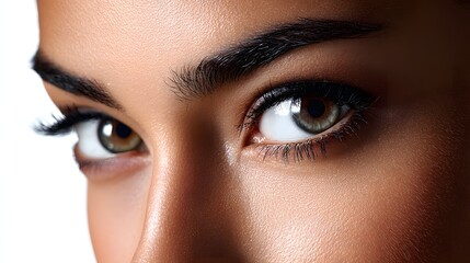Obraz premium Closeup Portrait of a Young Woman's Eyes with Glistening Skin and Expressive Makeup