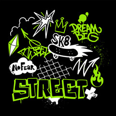 Illustration in skateboarding and graffiti style, with doodles, letters, tags. Street culture print design. Ideal for t-shirt, streetwear fashion, and modern urban design.