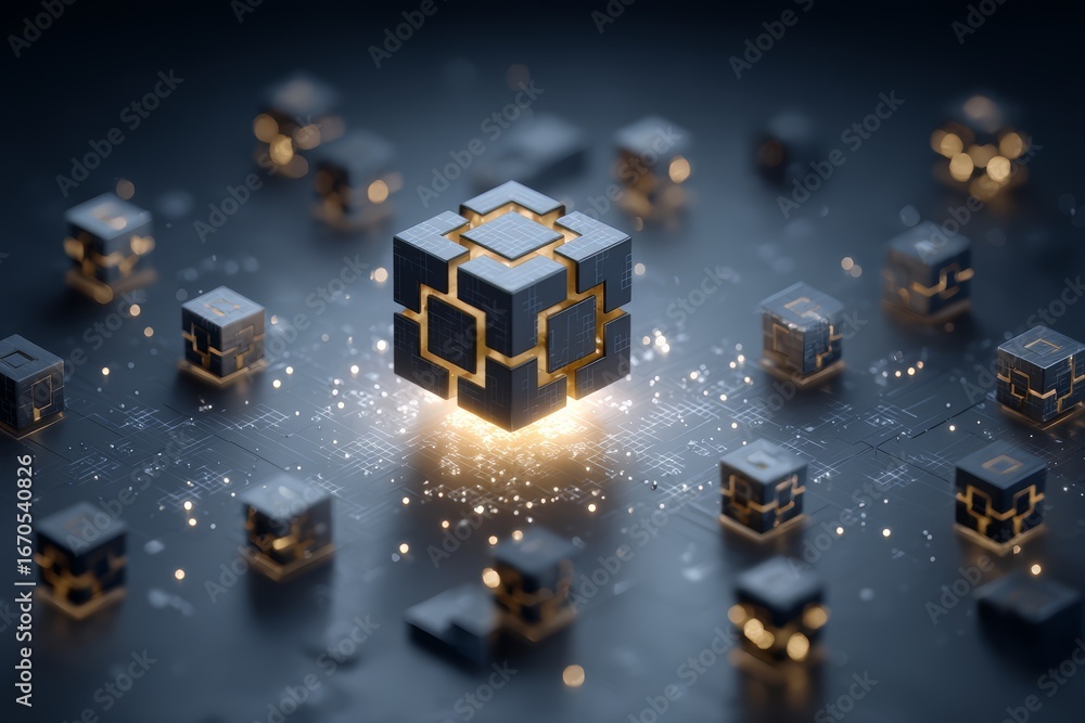 Poster cube is surrounded by many other cubes, all of which are illuminated. concept of complexity and inte