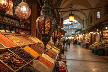 Traditional Turkish market full of spices and dried fruits with traditional mosaic lantern