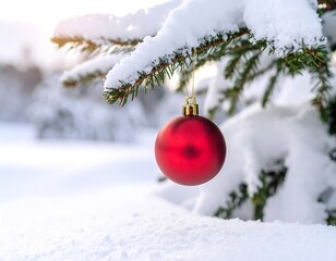 Snowy fir branch with red ornament