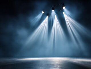 Dark room with four bright lights shining on the floor. The lights are evenly spaced and create a sense of depth