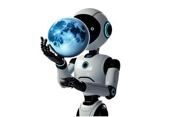 sleek white and black robot holding a shimmering blue moon, no background