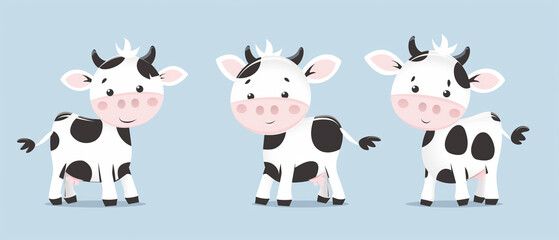 Cartoon Cows Standing on Light Blue Background