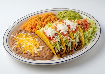 Delicious plate of tacos with mexican rice and sides