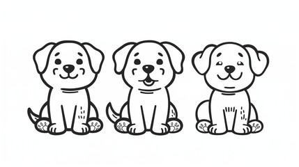 Three Happy Cartoon Puppy Outlines Sitting Together