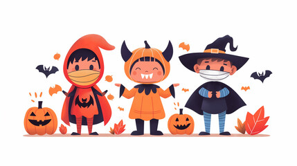 Children in Halloween Costumes with Face Masks and Pumpkins