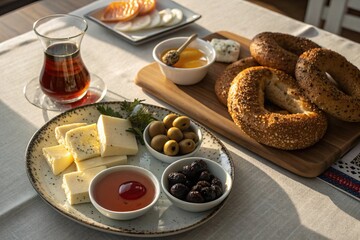Turkish breakfast spread with olives, cheese, simit, honey, and tea