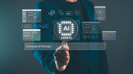 A person interacts with a digital interface displaying AI agents and command prompts, symbolizing technological advancement and innovation.
