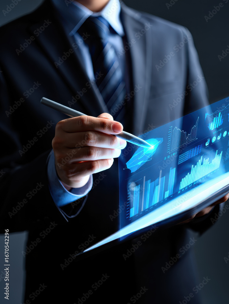Poster a businessman in a suit pointing at a digital screen displaying charts and graphs with a stylus pen