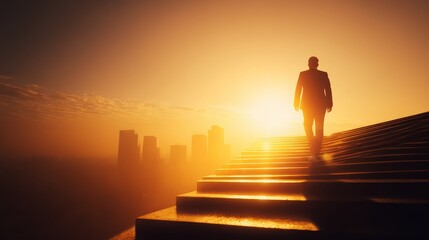 Man is walking up a set of stairs in the evening. The sky is orange and the city is in the background