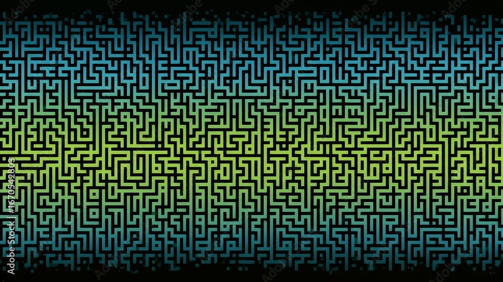 Poster maze with a green and blue border. the maze is made up of many small squares and rectangles