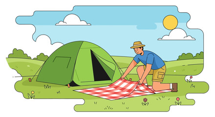 Fototapeta premium Preparing For A Summer Camping Trip Man With A Picnic Blanket Outdoors