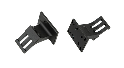 A pair of black metal firearm mounts or brackets, designed for attaching optics or accessories, shown from different perspectives on a white back