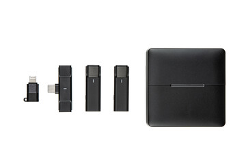 A set of black microphones and a charging case on a white back