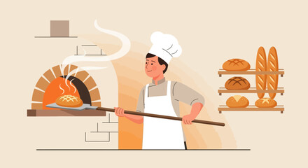 Professional Baker Takes Fresh Baked Bread From Stone Oven In Bakery