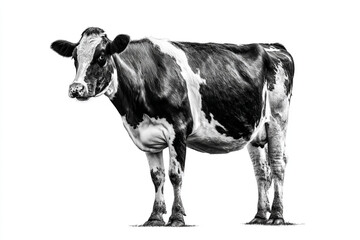 Fototapeta premium Detailed black and white sketch of a holstein cow standing isolated on white background