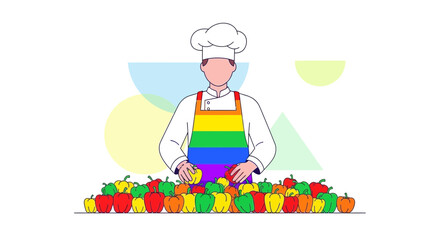 Professional Chef With Lgbt Apron Preparing Peppers With Rainbow Colors