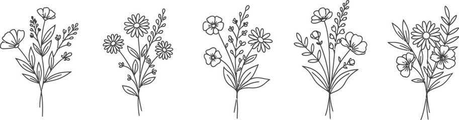 Flower Doodle Bouquet Vector Set - Black and White Contour Drawing