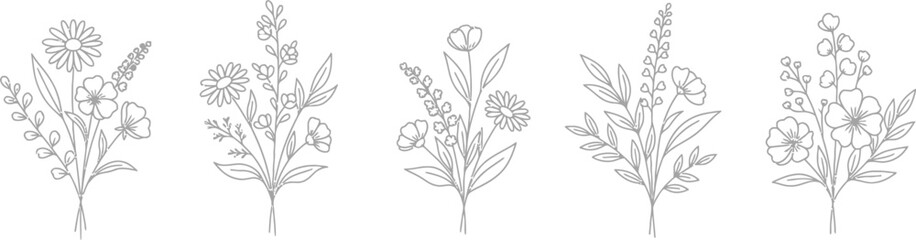 Flower Doodle Bouquet Vector Set - Black and White Contour Drawing