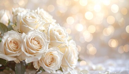 Obraz premium Elegant bouquet of pristine white roses bathed in soft, golden bokeh lights, symbolizing purity, love, and celebration for special romantic occasions