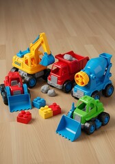 Fototapeta premium Colorful Toy Construction Vehicles on Wooden Surface.